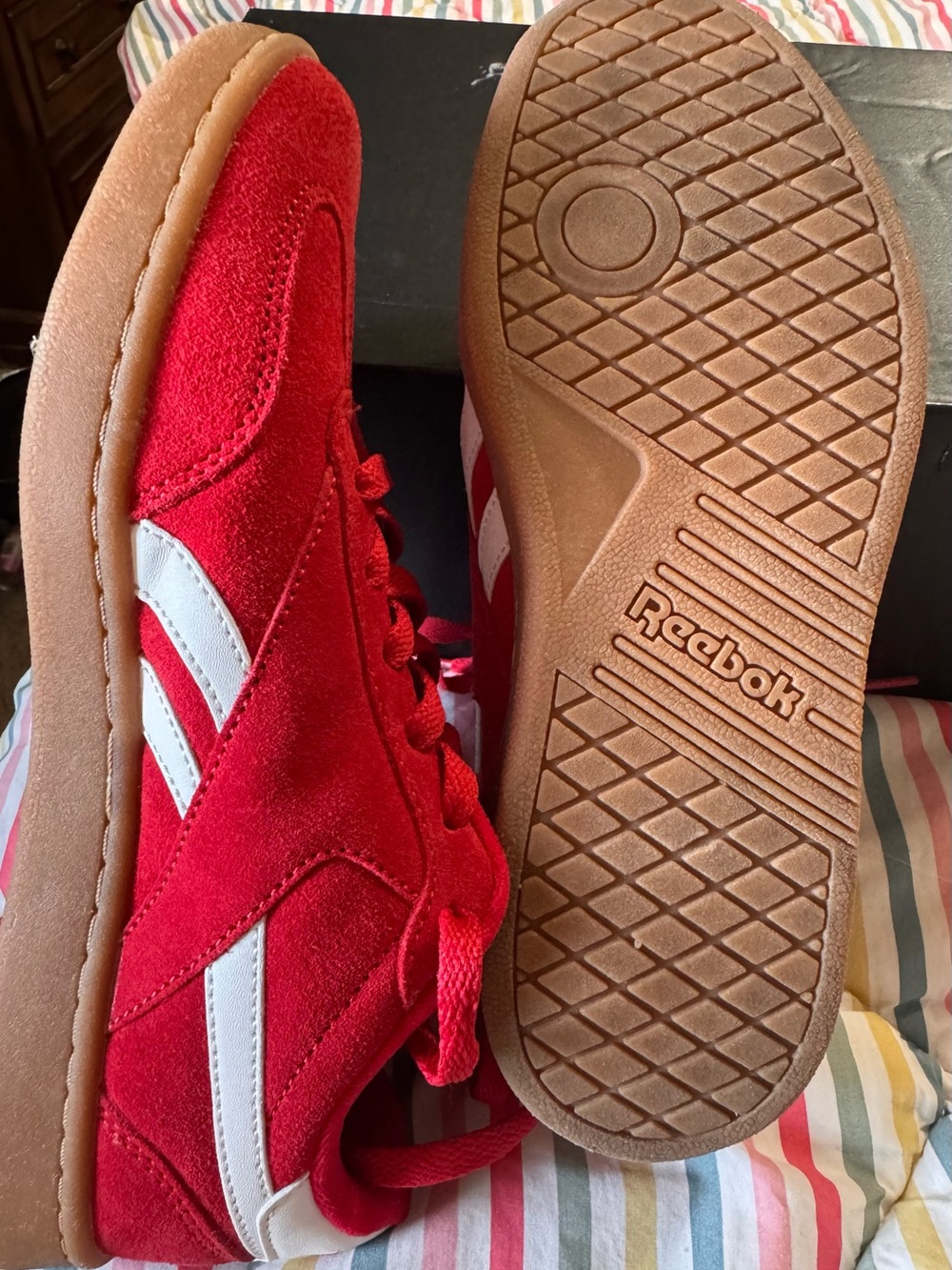 Reebok Red Suede Sneakers with White Stripes and Gum Sole - Picture 7 of 11